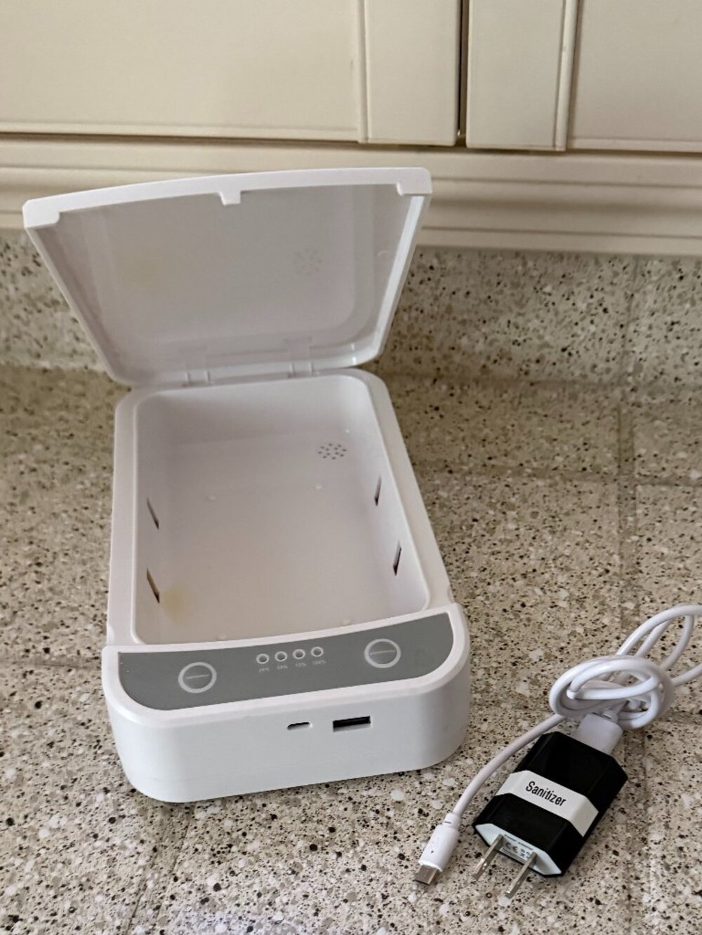 White UV-C light phone sanitizer box with USB power cord